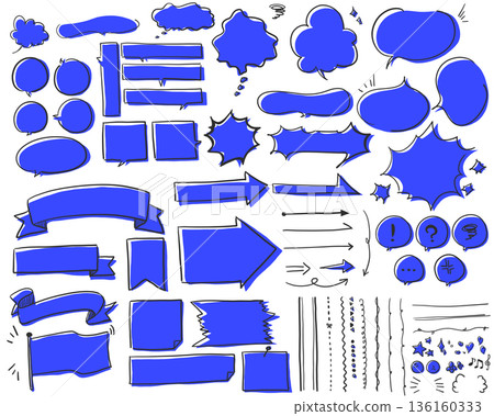 A set of loosely handwritten speech bubbles and decorations [painted_blue] 136160333