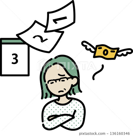 Illustration of a woman in her 40s struggling with daily payments 136160346