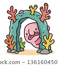 Cute pink blobfish peeking from coral arch underwater, vector illustration of sad deep sea fish character in flat style, marine reef environment for children design and stickers. 136160450