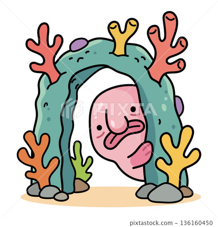 Cute pink blobfish peeking from coral arch underwater, vector illustration of sad deep sea fish character in flat style, marine reef environment for children design and stickers. Cute pink blobfish peeking from coral arch underwater, vector illustration of sad deep sea fish character in flat style, marine reef environment for children design and stickers. 136160450