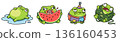 Set of cute green frog cartoon characters with different emotions: eating watermelon, relaxing in water, wearing party hat and tangled in yarn, flat vector stickers for design. 136160453