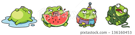 Set of cute green frog cartoon characters with different emotions: eating watermelon, relaxing in water, wearing party hat and tangled in yarn, flat vector stickers for design. Set of cute green frog cartoon characters with different emotions: eating watermelon, relaxing in water, wearing party hat and tangled in yarn, flat vector stickers for design. 136160453