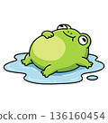 Cute green frog cartoon character lying in blue water puddle and looking up dreamily, flat vector illustration of happy animal for stickers, children design and summer concepts. 136160454