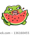 Funny green frog greedily eating juicy watermelon slice with splashes, vector cartoon character illustration in flat style on white background, comic sticker for summer and food design. 136160455