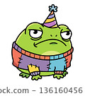 Grumpy green frog in patchwork sweater and party hat, sad cartoon character for birthday blues and social anxiety concepts, isolated vector illustration in flat style on white. 136160456