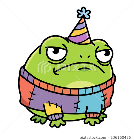 Grumpy green frog in patchwork sweater and party hat, sad cartoon character for birthday blues and social anxiety concepts, isolated vector illustration in flat style on white. 136160456