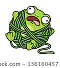 Cute green frog tangled in a ball of knitting yarn, flat vector illustration of surprised cartoon character for hobby and children design isolated on white, funny knitting concept. 136160457