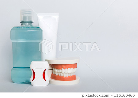 Mouthwash and other oral hygiene products on colored table top view with copy space. Flat lay. Dental hygiene. Oral care kit. Dentist concept 136160460