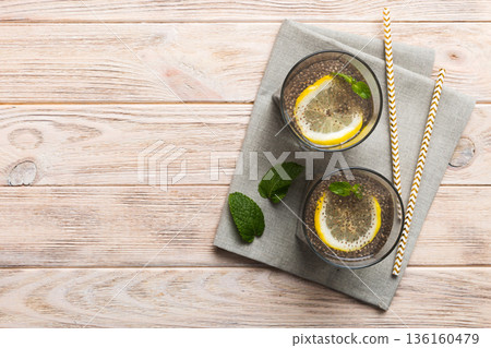 Healthy breakfast or morning with chia seeds lemon and mint on table background, vegetarian food, diet and health concept. Chia pudding with lemon and mint Healthy breakfast or morning with chia seeds lemon and mint on table background, vegetarian food, diet and health concept. Chia pudding with lemon and mint 136160479