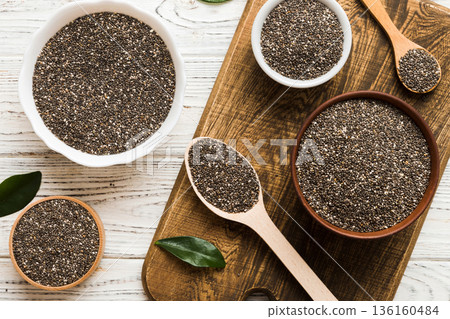 Chia seeds in bowl and spoon on colored background. Healthy Salvia hispanica in small bowl. Healthy superfood 136160484