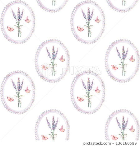 Seamless pattern, vintage pearl frame, lavender, butterfly. Hand-painted watercolor illustration isolated on white for textile, packaging, stationery, wallpaper, branding, wedding design, decor 136160589