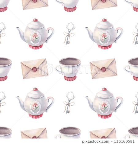 Watercolor vintage seamless pattern with tea set, alstroemeria, key, letter. Hand-painted illustrations isolated on white for stationery, packaging, textile, branding, party invitation, vintage design 136160591