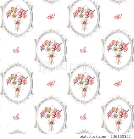 Seamless pattern, vintage frame, chrysanthemum, alstroemeria, butterflies. Hand-painted watercolor illustration isolated on white for textile, packaging, wallpaper, branding, wedding design, decor 136160592