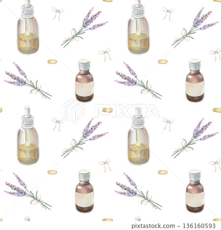 Seamless pattern, lavender, glass bottles of essential oil, drops, Watercolor illustrations of medicinal herbs isolated on white, hand drawn for print on packaging, textile, medical, cosmetic branding 136160593