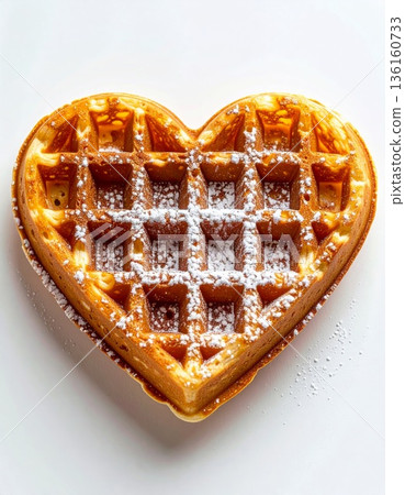 Heart Shaped Waffle Dusted With Powdered Sugar On White Background 136160733