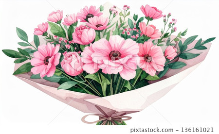 Pink Flowers Bouquet in White Wrapping Paper with Green Leaves 136161021