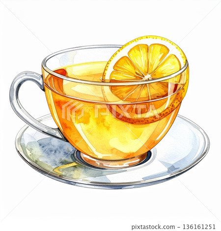 Watercolor Illustration of Tea with Lemon Slice in Glass Cup 136161251