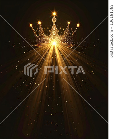 Golden Crown With Rays of Light and Sparkling Particles on Dark Background 136161365