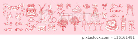 Hand Drawn Wedding Illustration Set Doodle Ink Chalk Sketch Whimsical Coquette Vintage Line Art 136161491