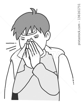 People who can't stop sneezing and having a runny nose during hay fever season and have to blow their nose with tissues 136161731