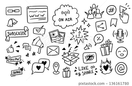 Social Media Elements Symbols Black Thin Line Set Hand Drawn Doodle Style. Vector illustration Social Media Elements Symbols Black Thin Line Set Hand Drawn Doodle Style. Vector illustration 136161780