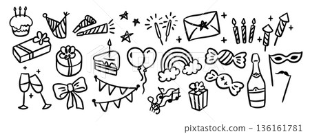 Happy Birthday Party Symbols Black Thin Line Set Hand Drawn Doodle Style. Vector illustration Happy Birthday Party Symbols Black Thin Line Set Hand Drawn Doodle Style. Vector illustration 136161781