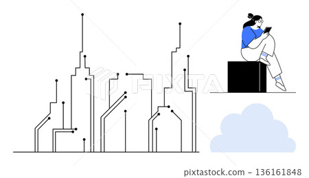 Smart city development, technology connectivity, cloud computing, digital innovation, urban design, remote work. Abstract cityscape with circuits, person using device cloud. Smart city development 136161848