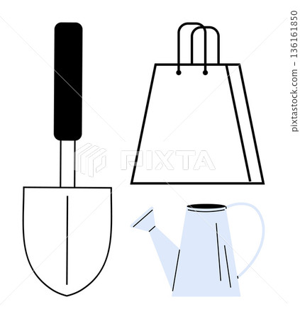 Gardening, sustainability, eco-friendly lifestyle, shopping, tools, environment. Minimalistic design with a shovel, watering can and paper bag. Gardening and sustainability concept Gardening, sustainability, eco-friendly lifestyle, shopping, tools, environment. Minimalistic design with a shovel, watering can and paper bag. Gardening and sustainability concept 136161850