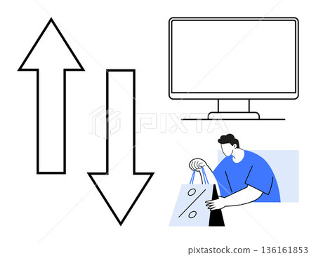 E-commerce, online shopping, consumer preferences, product trends, digital marketing, sales analysis. Arrows, a computer and a person with a shopping bag. E-commerce and online shopping theme E-commerce, online shopping, consumer preferences, product trends, digital marketing, sales analysis. Arrows, a computer and a person with a shopping bag. E-commerce and online shopping theme 136161853