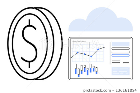 Financial management, data analysis, cloud computing, business growth, digital tools, investment solutions. A dollar sign and data dashboard under a cloud. Financial management and data analysis Financial management, data analysis, cloud computing, business growth, digital tools, investment solutions. A dollar sign and data dashboard under a cloud. Financial management and data analysis 136161854