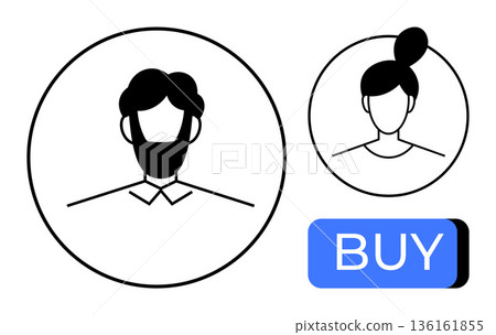 Online shopping, user accounts, profile creation, digital platforms, e-commerce, internet services. Male and female avatars inside circles with a Buy button. Online shopping and user accounts concept 136161855