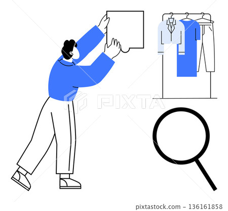 Online shopping, organization, clothing retail, search tools, inventory management, e-commerce. Man reaching out to place a square, hanging clothes and magnifying glass. Online shopping Online shopping, organization, clothing retail, search tools, inventory management, e-commerce. Man reaching out to place a square, hanging clothes and magnifying glass. Online shopping 136161858