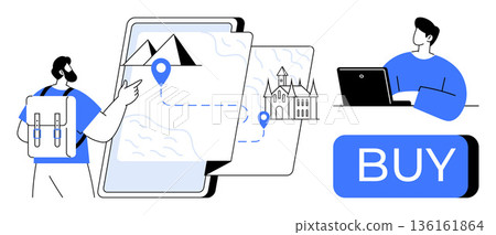 Travel planning, online booking, digital navigation, tourism, e-commerce, exploration. Man with backpack points at map, man at laptop and buy button. Travel planning and online booking concept Travel planning, online booking, digital navigation, tourism, e-commerce, exploration. Man with backpack points at map, man at laptop and buy button. Travel planning and online booking concept 136161864
