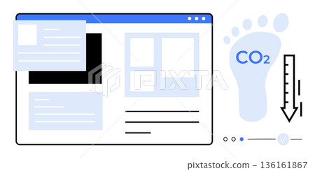 Sustainability, technology, eco-conscious design, carbon tracking, environmental awareness, energy efficiency. A digital web interface paired with a carbon footprint graphic. Sustainability 136161867