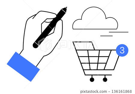 E-commerce, digital transactions, shopping technology, online orders, cloud computing, retail innovation. Hand holding pen, cart cloud notification. E-commerce and digital transactions concept 136161868