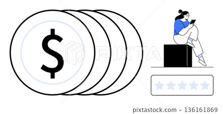Financial strategy, user experience, customer feedback, online reviews, digital economy, and economic growth. Stack of coins with a dollar symbol, a seated user and a rating icon. Financial strategy Financial strategy, user experience, customer feedback, online reviews, digital economy, and economic growth. Stack of coins with a dollar symbol, a seated user and a rating icon. Financial strategy 136161869