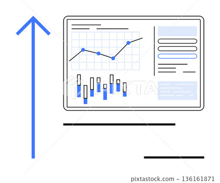 Business analysis, data visualization, performance management, growth tracking, statistics, strategic planning. Dashboard charts, graphs and a blue upward arrow. Business analysis and data Business analysis, data visualization, performance management, growth tracking, statistics, strategic planning. Dashboard charts, graphs and a blue upward arrow. Business analysis and data 136161871
