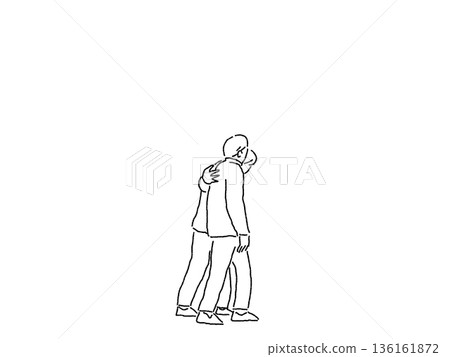 A woman walking alongside an elderly man, line drawing 136161872