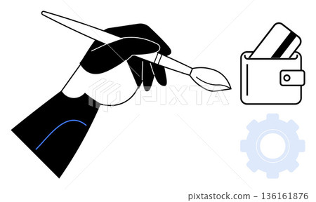 Art and design, creative professions, financial management, technology, hobby careers, innovative ideas. A hand holds a paintbrush near a wallet and gear. Art and design merge with financial 136161876