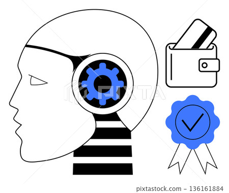 Technology development, data security, AI systems, payment solutions, identity verification, and innovation. Gear in a head, wallet and badge with checkmark. AI systems and payment solutions concept Technology development, data security, AI systems, payment solutions, identity verification, and innovation. Gear in a head, wallet and badge with checkmark. AI systems and payment solutions concept 136161884