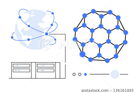 Blockchain technology, global connectivity, data security, cloud computing, network management, digital innovation. Diagram with globe, blockchain structure and servers. Blockchain technology 136161885