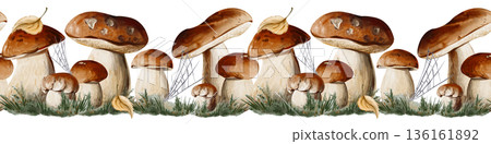 Seamless horizontal border of porcini mushrooms with forest grass, leaves, and spider web. Ideal for backgrounds, packaging, banners, and menu design. Watercolor illustration, hand painted. High 136161892