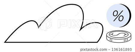 Business technology, fintech, cloud services, financial optimization, digital economy, savings growth. A cloud outline, a coin and a percentage symbol. Cloud services and financial optimization 136161893