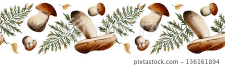 Seamless pattern with porcini mushrooms, leaves, and forest plants isolated on a white background. Ideal for packaging, textiles, backgrounds, and eco-friendly design. Watercolor illustration, hand Seamless pattern with porcini mushrooms, leaves, and forest plants isolated on a white background. Ideal for packaging, textiles, backgrounds, and eco-friendly design. Watercolor illustration, hand 136161894