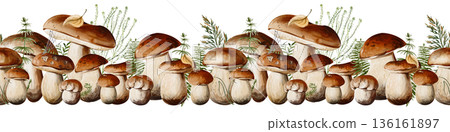 Seamless decorative border of porcini mushrooms with forest plants, grass, and ferns. Ideal for backgrounds, packaging, banners, and menu design. Watercolor illustration, hand painted. High quality 136161897