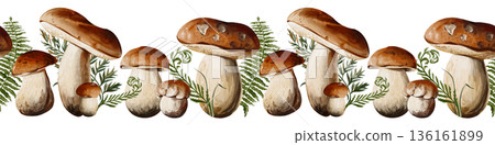 Horizontal decorative border of porcini mushrooms with ferns and forest greenery. Ideal for banners, packaging, menu design, and eco-friendly projects. Watercolor illustration, hand painted. 136161899
