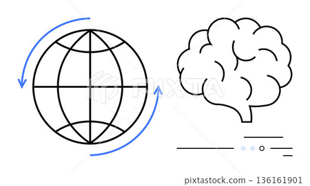 Education, AI development, global networks, online learning, innovation, connectivity. Globe with arrows global interaction next to a brain outline. Education and AI development concept 136161901