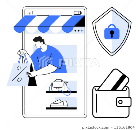 E-commerce security, online payments, digital shopping, consumer protection, cybersecurity, mobile technology. Person holding shopping bag on phone screen next to wallet and lock. E-commerce 136161904