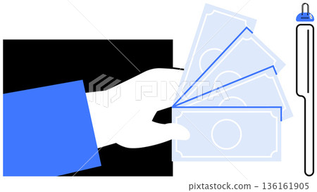 Financial security, online payments, cash handling, transactions, secure banking, digital wallet. A hand holds paper money with a lock icon nearby. Financial security and online payments concept 136161905