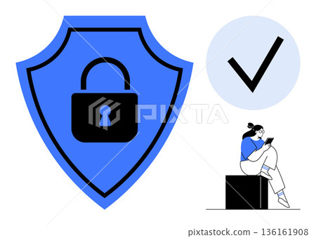 Data security, identity protection, online privacy, digital safety, internet security, technology concepts. Blue shield with lock, checkmark person using phone. Cybersecurity and identity protection Data security, identity protection, online privacy, digital safety, internet security, technology concepts. Blue shield with lock, checkmark person using phone. Cybersecurity and identity protection 136161908